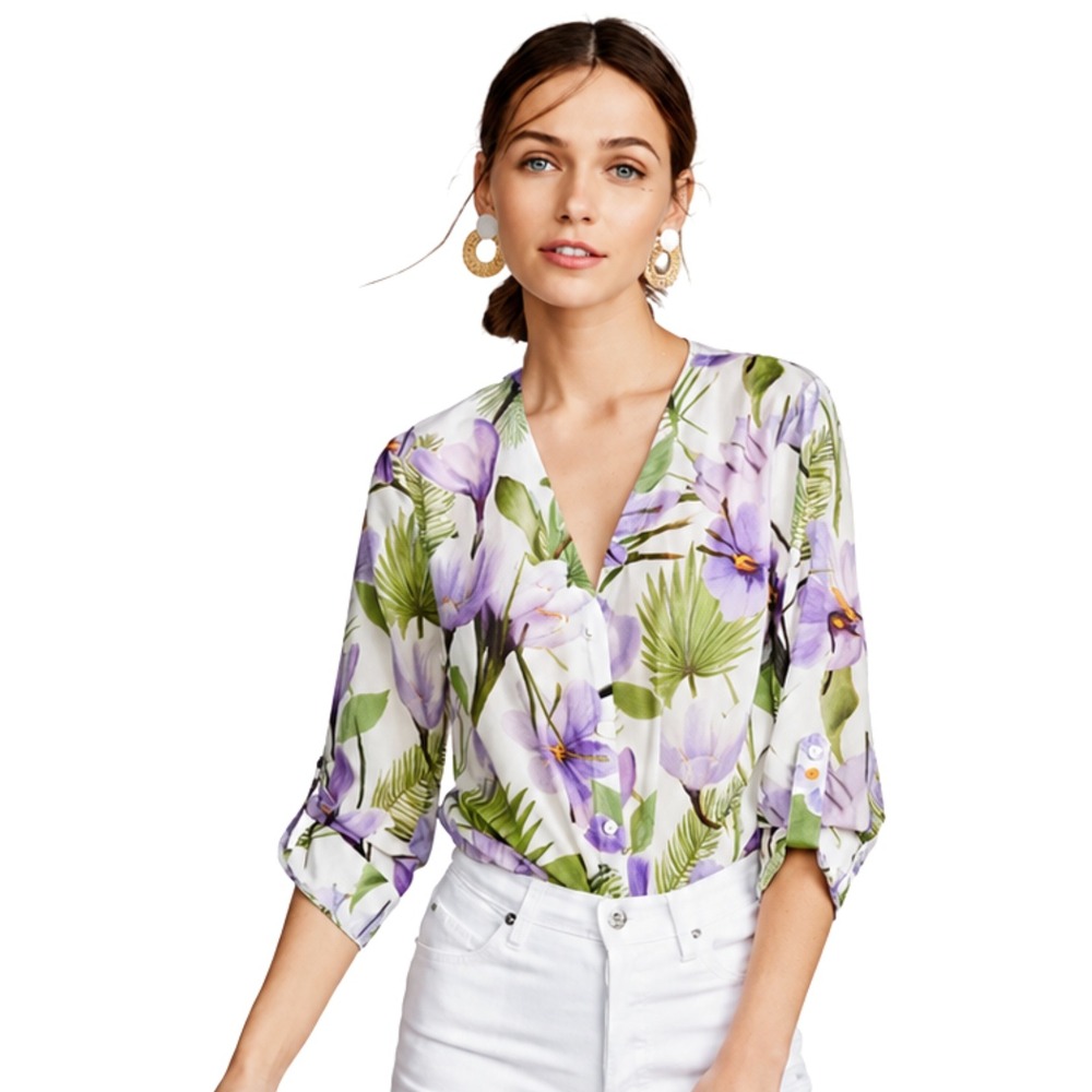 Alice + Olivia Top Womens Small Purple Colby Floral Silk Cotton Roll Tab Blouse